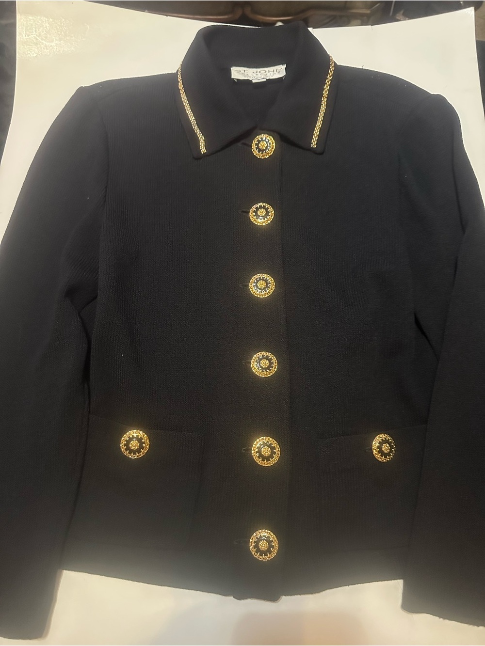 St. John Collection Black Knit Blazer with Gold Medallion Buttons